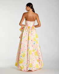 Pink Floral Strapless Bow High Slit Ball Gown