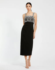 Black Wide Strap Embellished Top Midi Dress