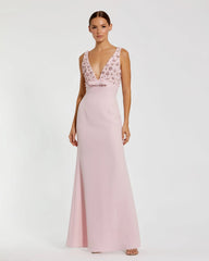 Pink Sleeveless Embellished Crepe Gown With Bow