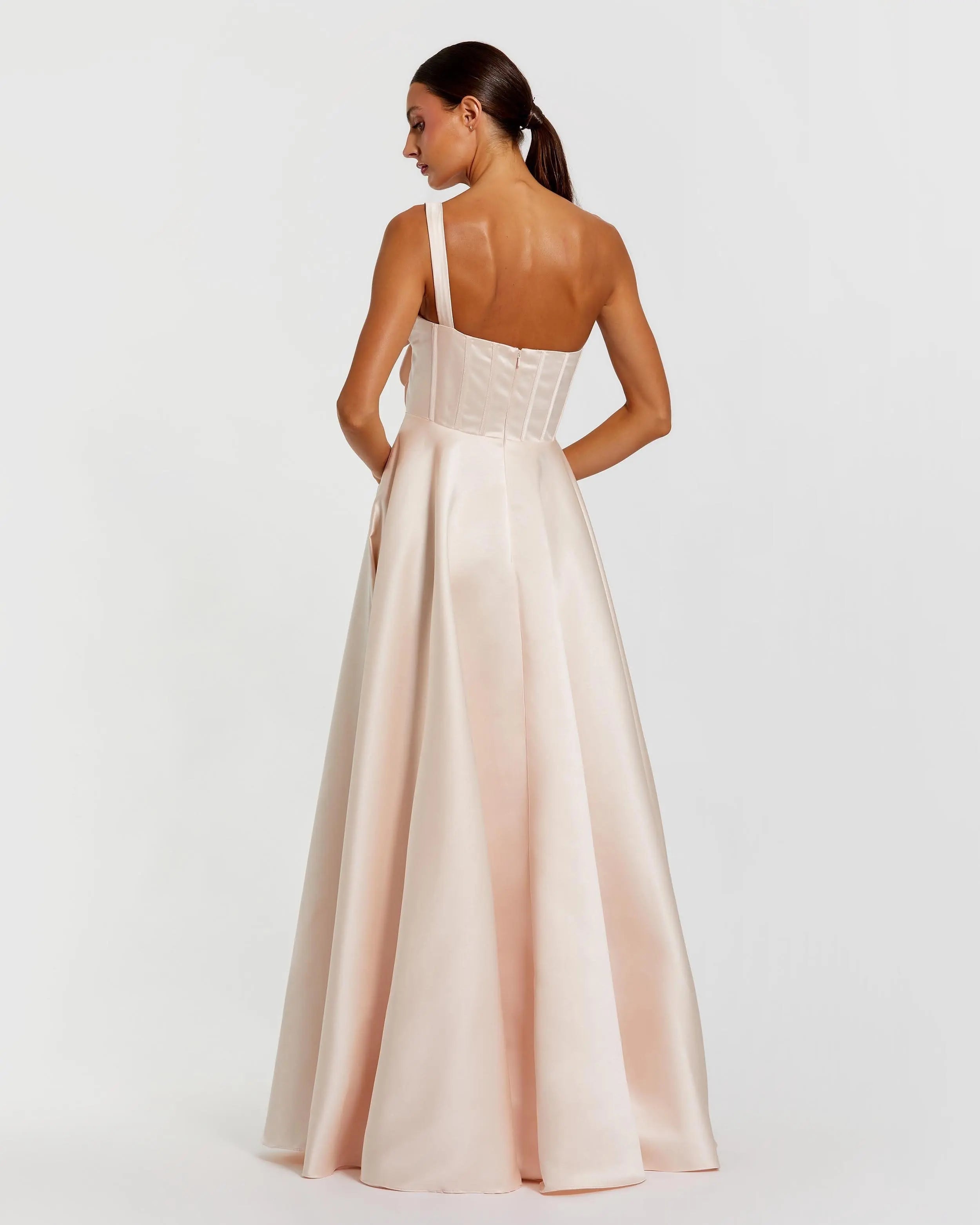 Light Pink Satin Bustier Ball Gown With 3D Flowers