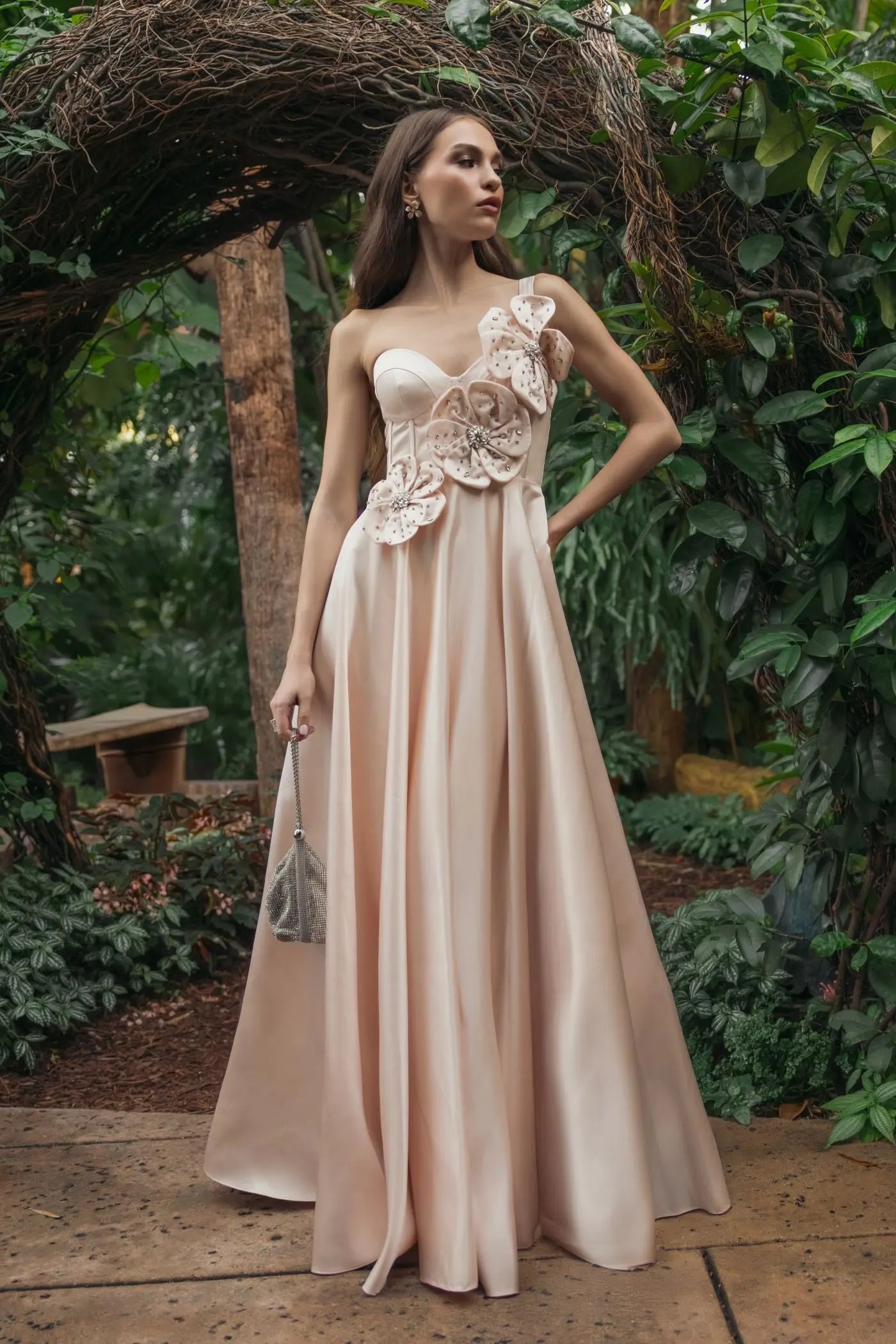 Light Pink Satin Bustier Ball Gown With 3D Flowers