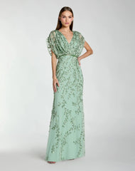 Green Beaded V-Neck Short Sleeve Blouson Gown