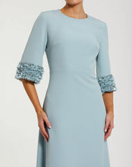 Blue A-Line Crepe Gown With Embellished 3/4 Sleeves