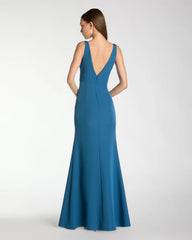 Blue Crepe Sleeveless V Neck Mermaid Gown With Bow