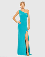 Blue Jersey One Shoulder Draped Back Gown
