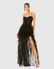 Black Sequin A-Line Dress with High-Low Ruffle Skirt