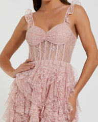 Pink Lace Ruffle Tiered Midi Dress