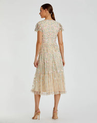 Beige Multicolor Embroidered V Neck Cap Sleeve Midi Dress - FINAL SALE