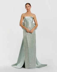 Green Strapless Embellished Gown With Back Bow Detail