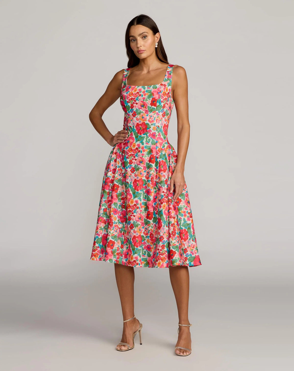 Multicolor Sleeveless Floral A-Line Midi Dress