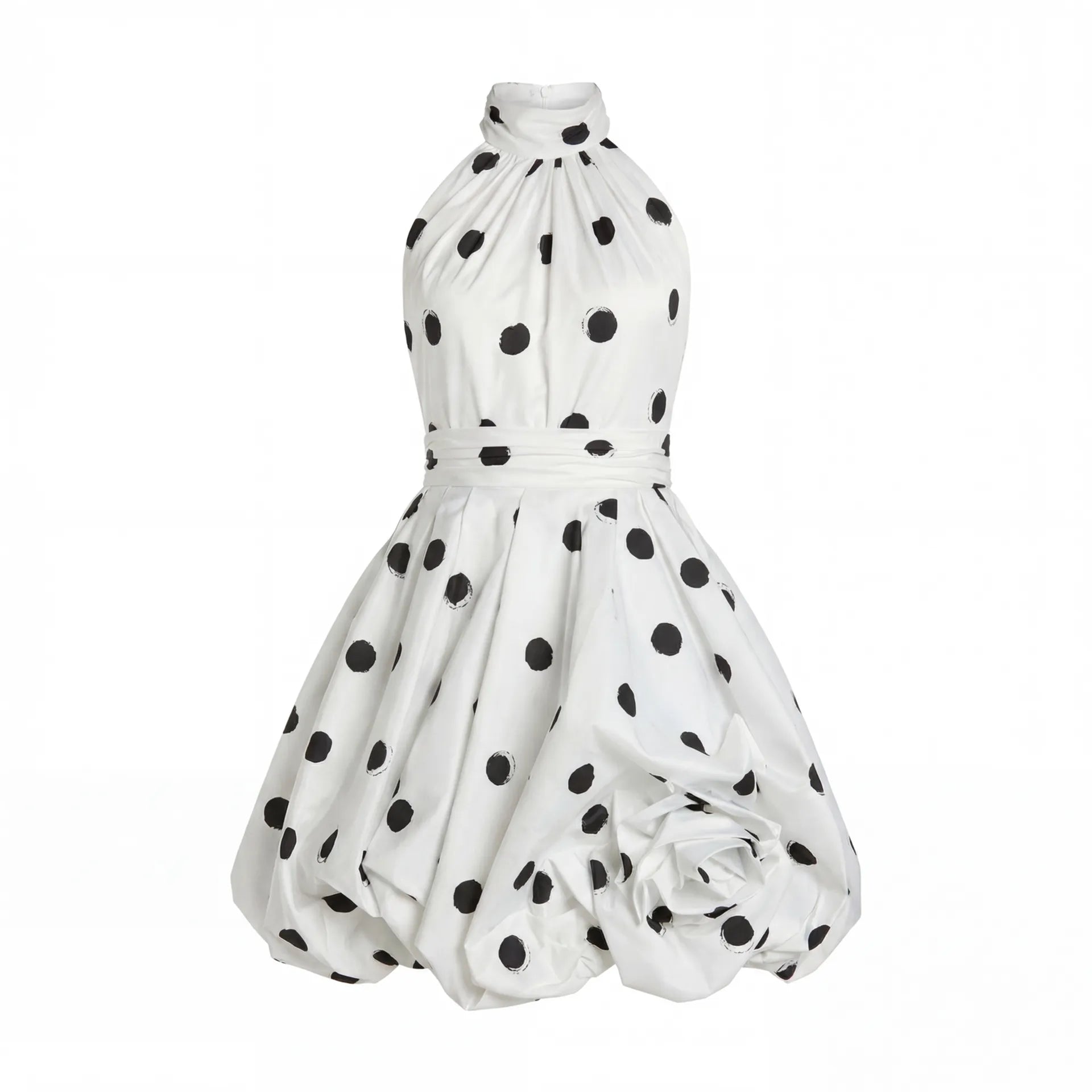 White Polka Dot Halter Mini Dress With 3D Rose