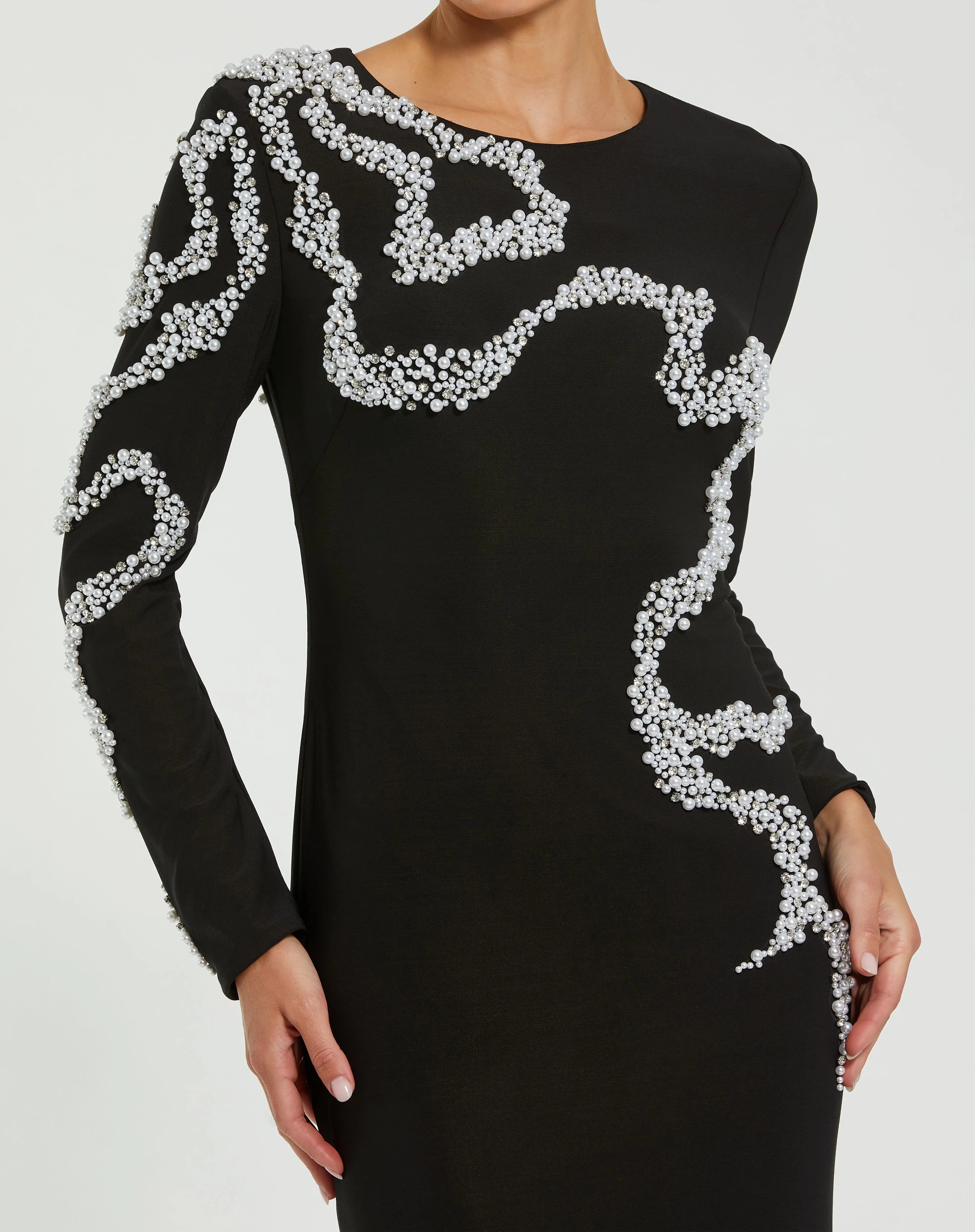Black Jersey Evening Gown With Beaded Swirl Detail