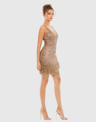 Brown Beaded Fringe Sequined Mini Dress