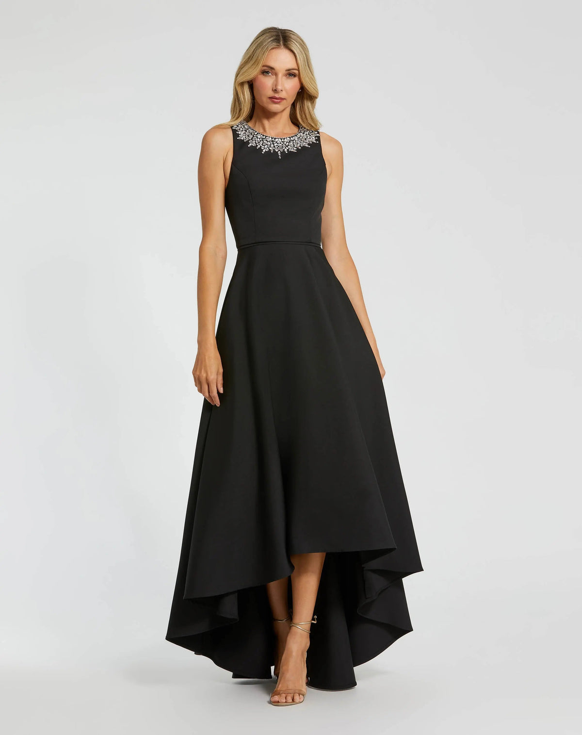 Black Crepe Embellished Neck High Low Gown