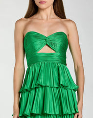 Dark Green Pleated Charmeuse Strapless Tiered Ruffle Gown
