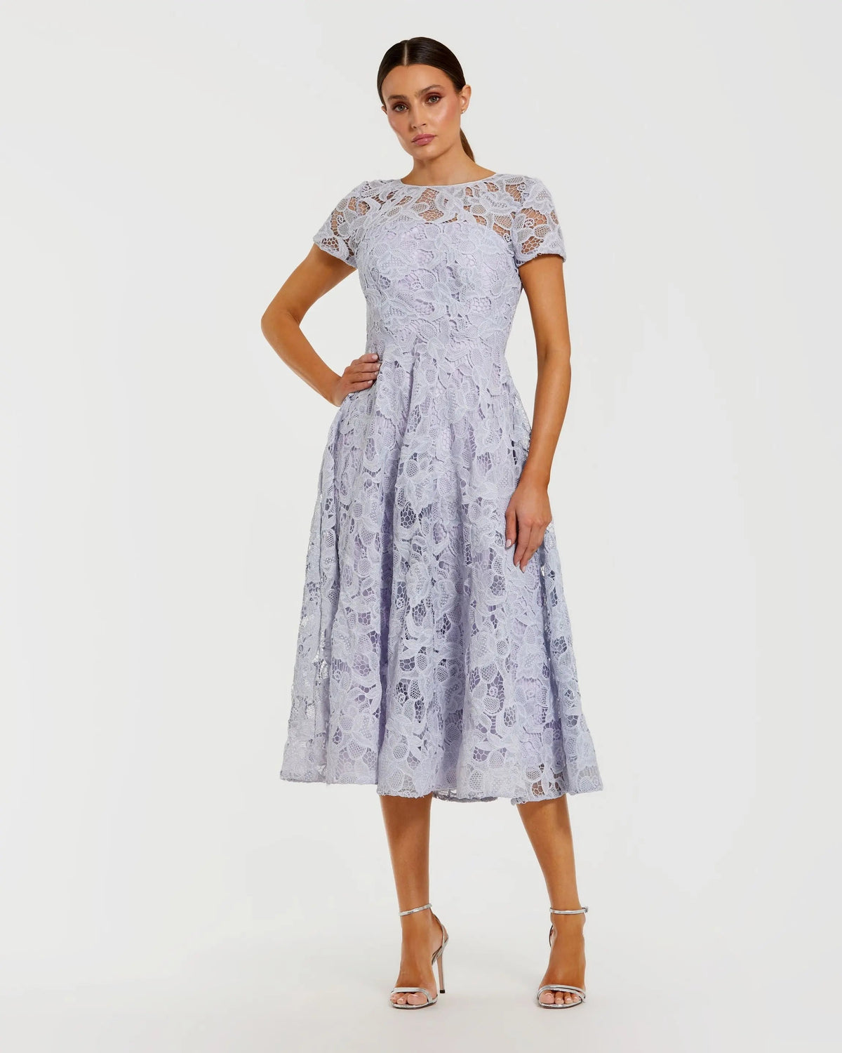 Purple Lace Short Sleeve Midi Dress