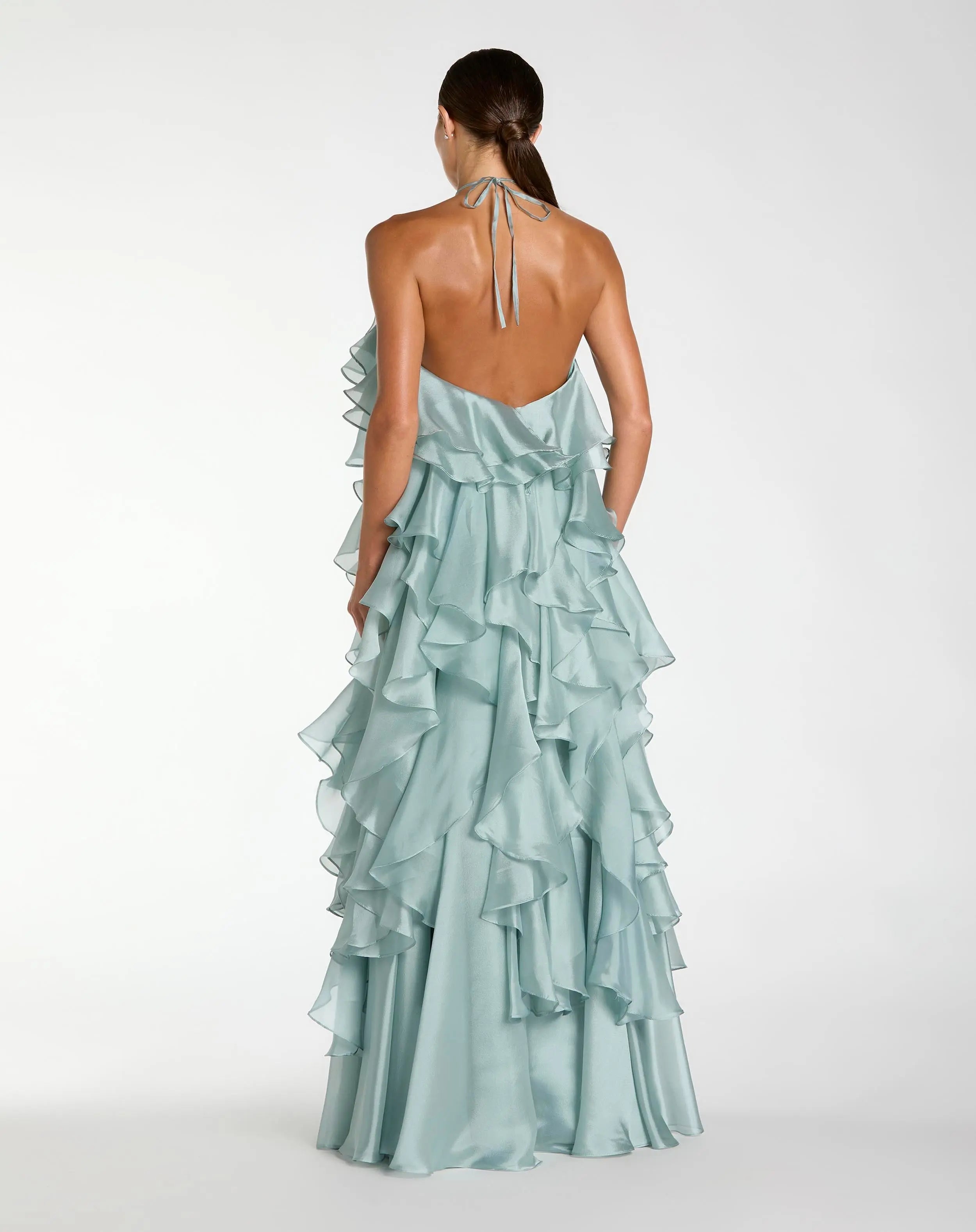 Blue Halter Neck Open Back Trapeze Ruffle Gown