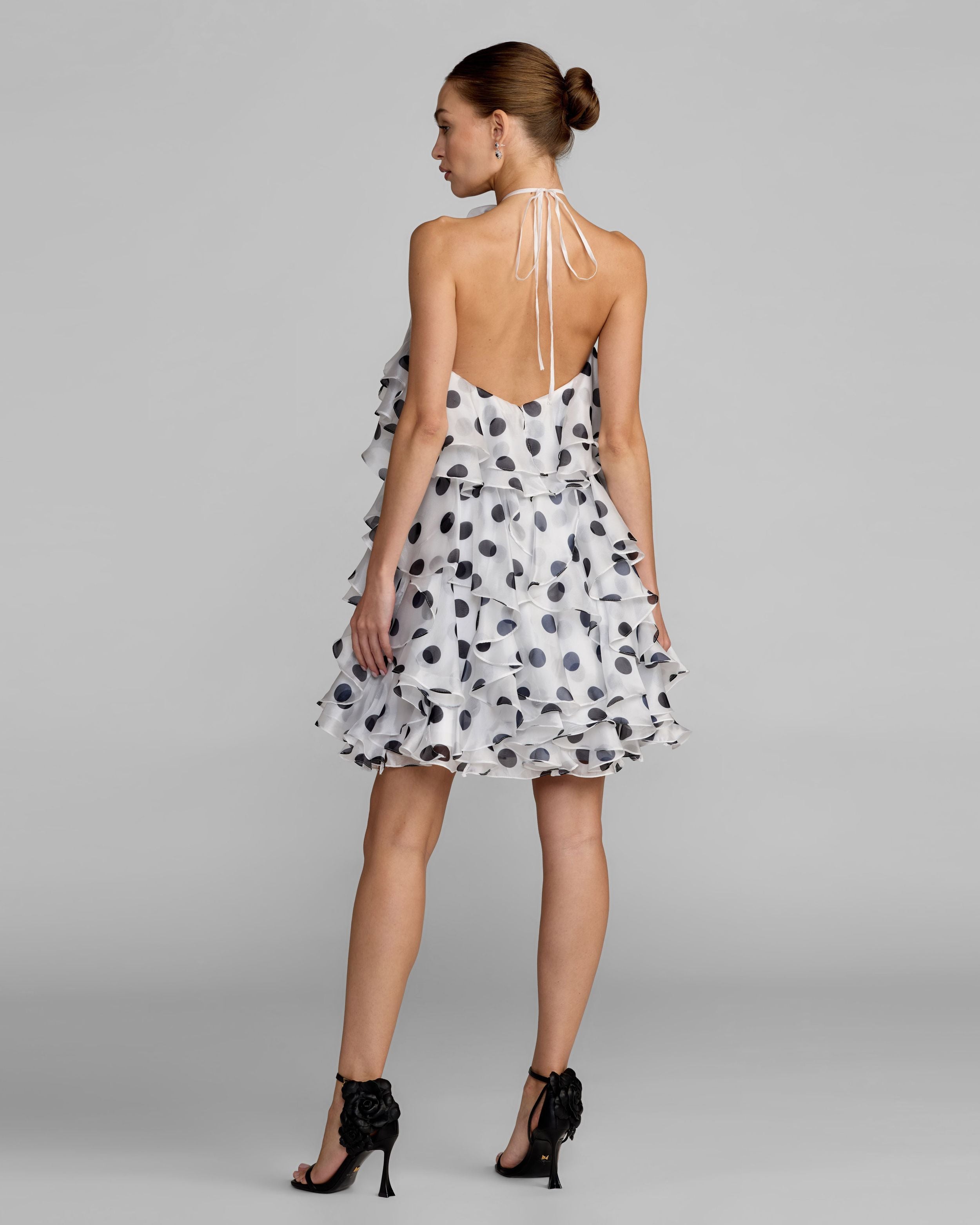 White Polka Dot Halter Neck Ruffle Mini Dress