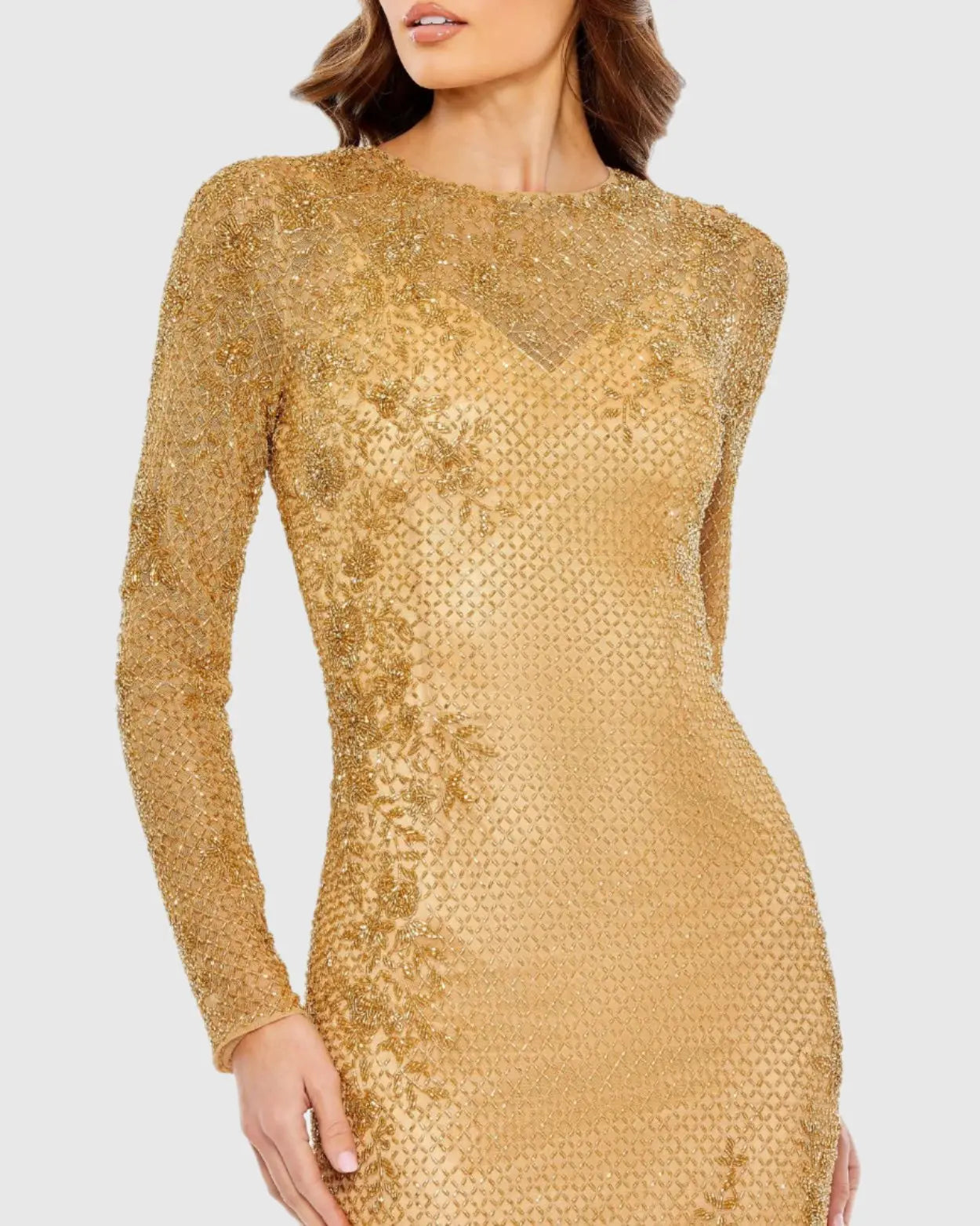 Gold  Long Sleeve Beaded Evening Gown