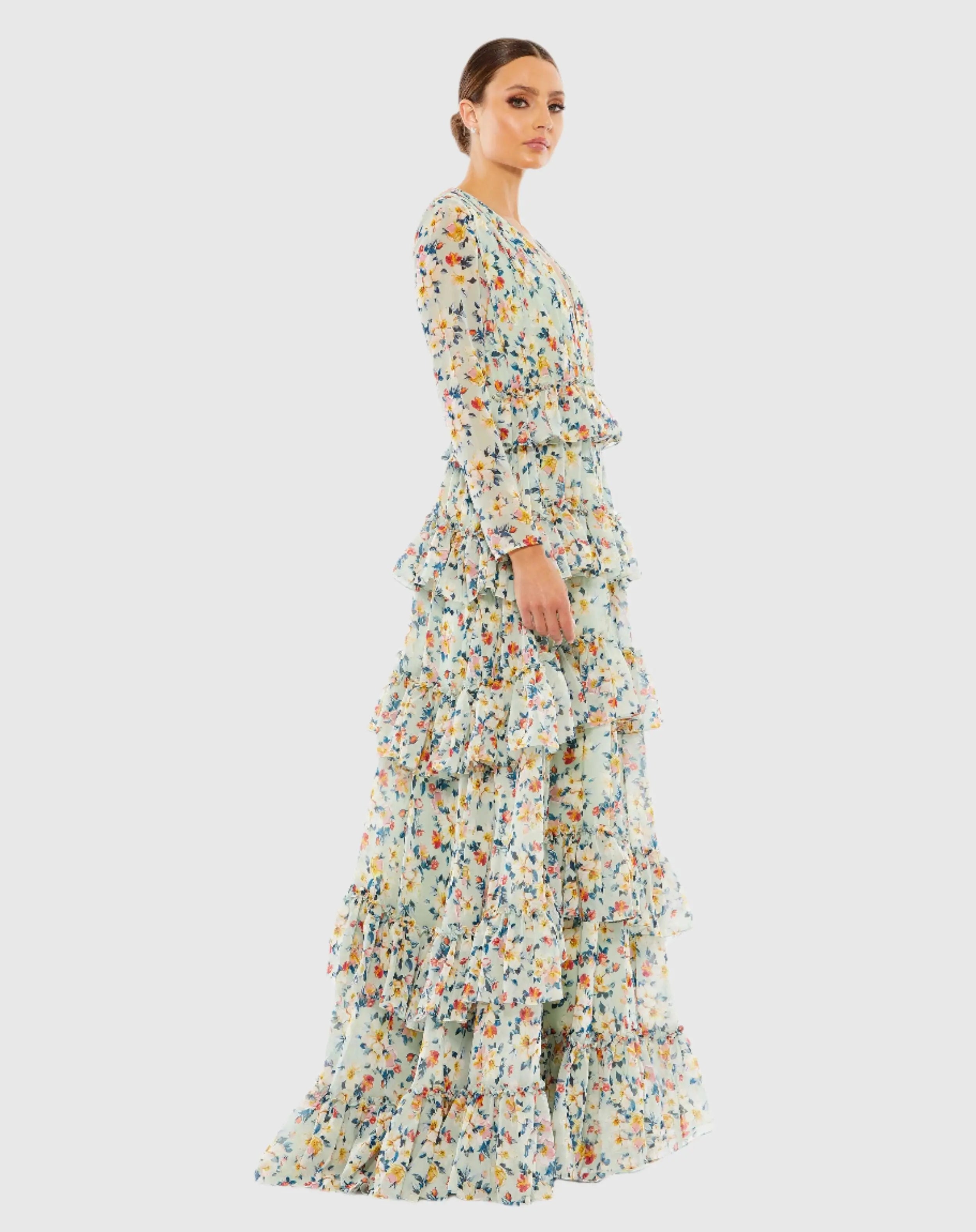 Green Floral Printed Tiered Ruffle Long Sleeve Gown