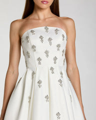 White Strapless Crystal Embellished Satin A-Line Dress