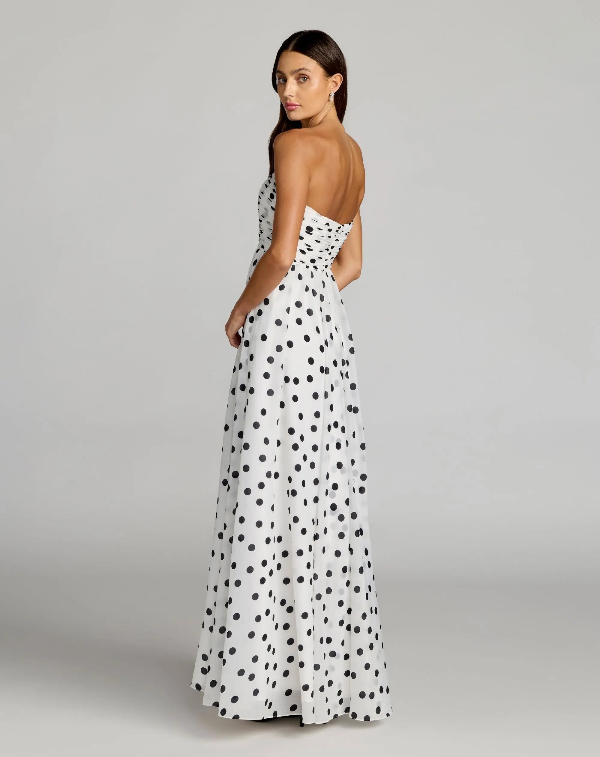 White Polka Dot Strapless Viscose Gown With Slit
