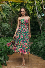 Green Strapless Floral Embroidered Midi Dress