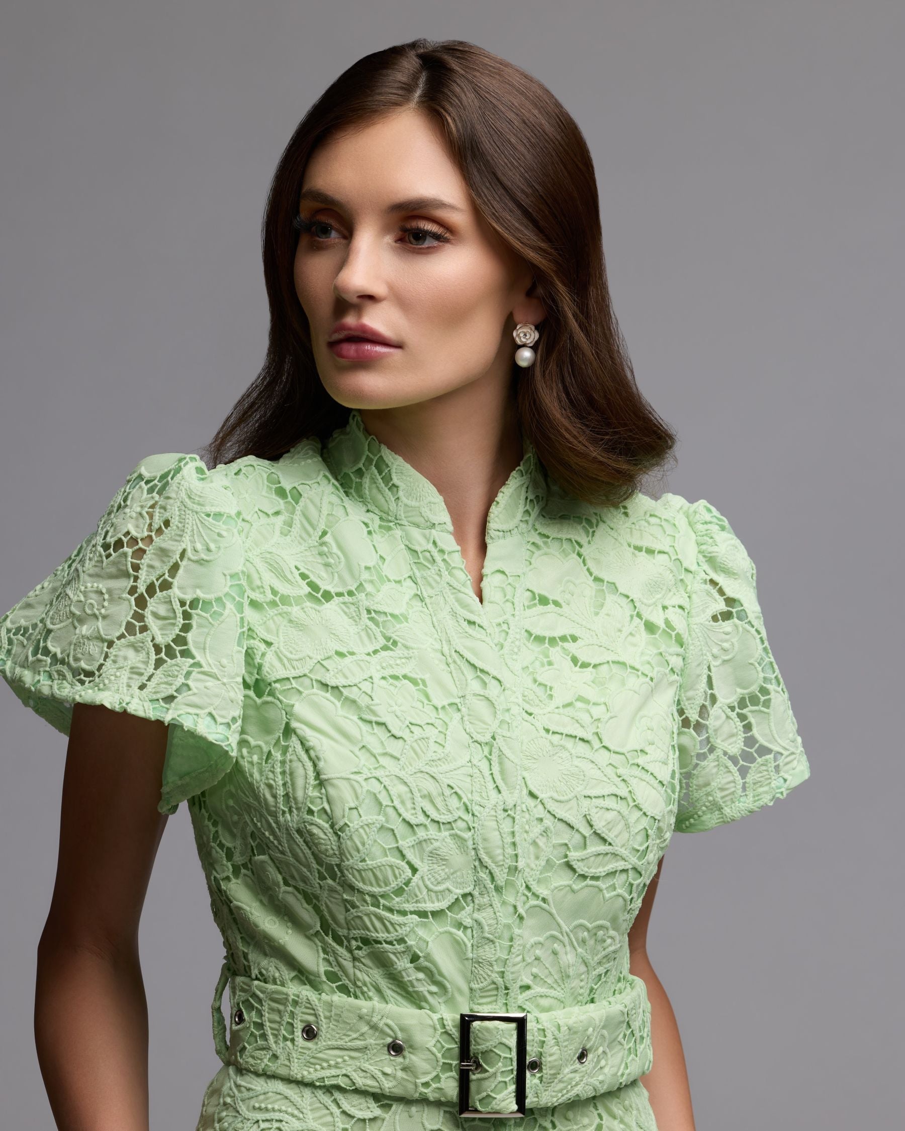 Green Embroidered Lace Belted Midi Dress