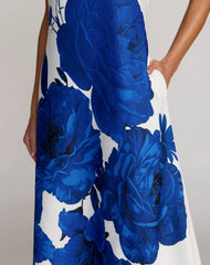 White Floral Printed Strapless Crepe Trapeze Gown