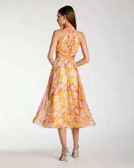 Multicolor Floral Halter Neck Midi Dress With 3D Flower