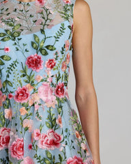 Blue Floral Embroidered Sleeveless A-Line Mini Dress