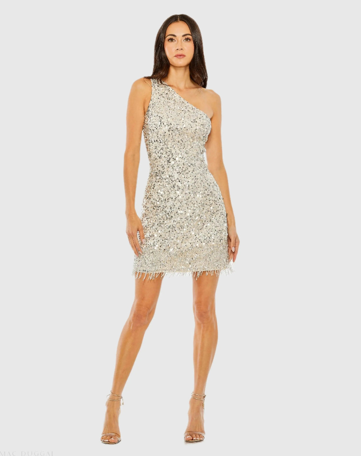 Silver One Shoulder Embellished Fringe Detail Dress