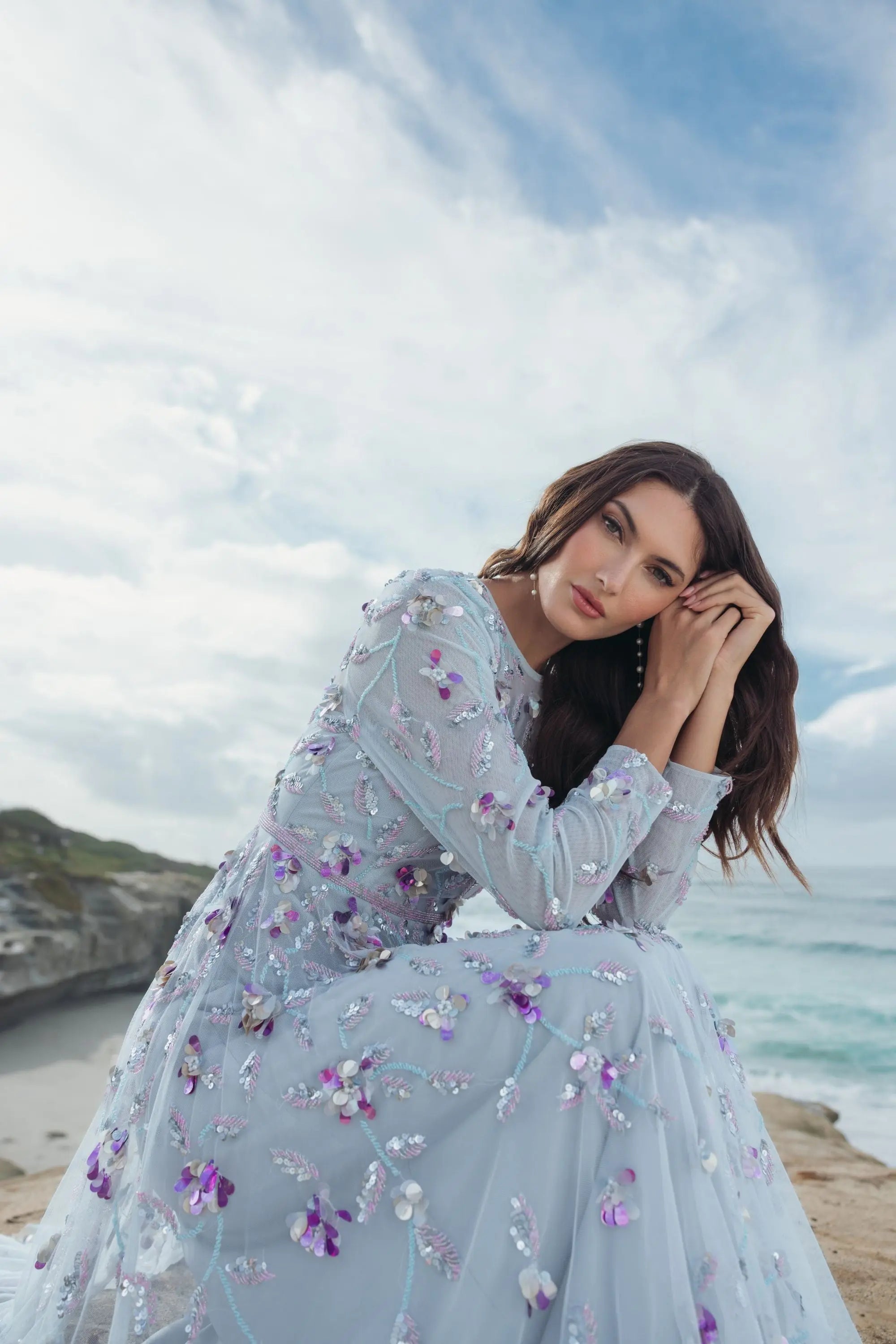 Light Blue Long Sleeve Floral Embellished Evening Gown
