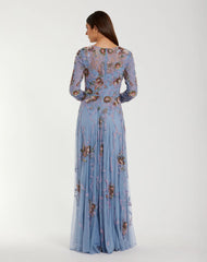 Blue Long Sleeve Floral Beaded Gown