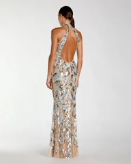 Silver Sequin Halter Backless Column Gown