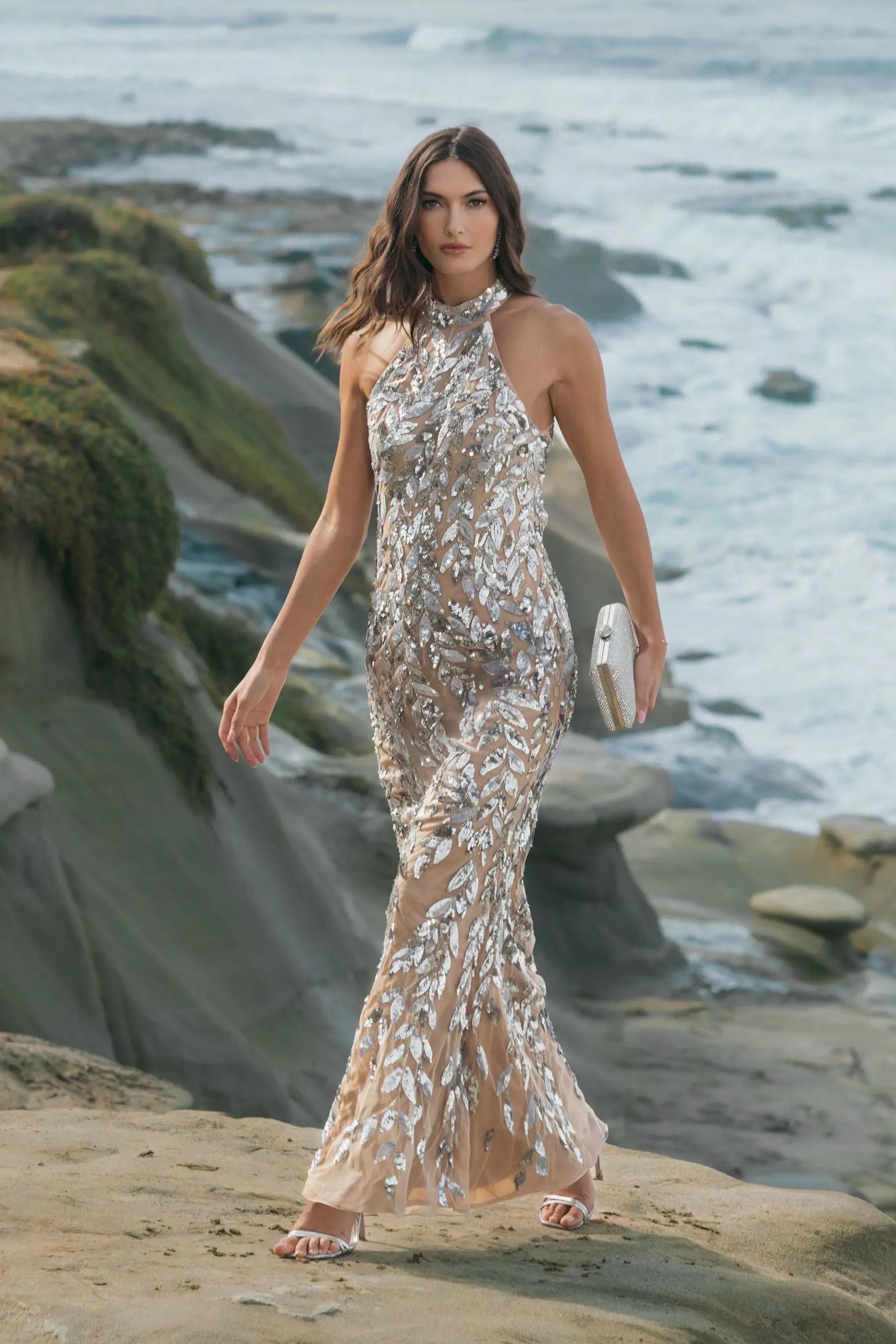 Silver Sequin Halter Backless Column Gown