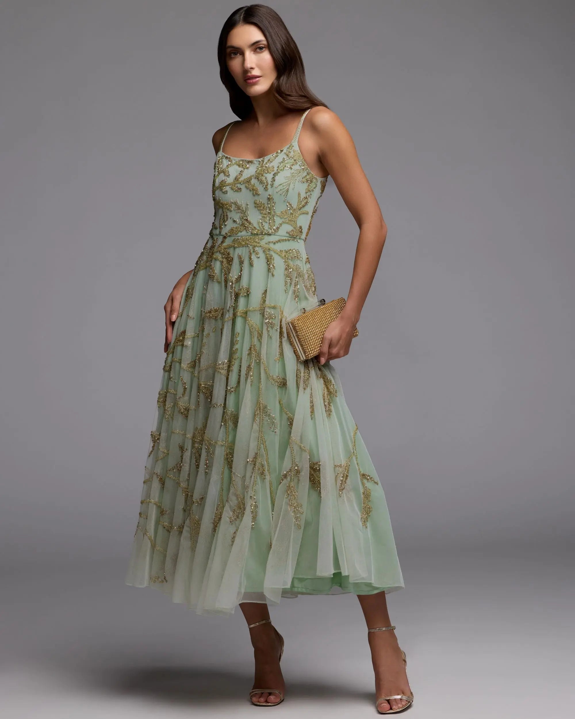 Green and Gold Floral Hand Beaded Midi Dress