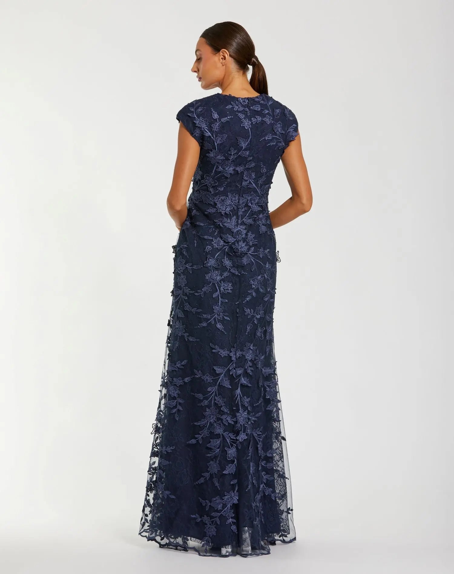 Women's Faux Wrap Embroidered Cap Sleeve Gown