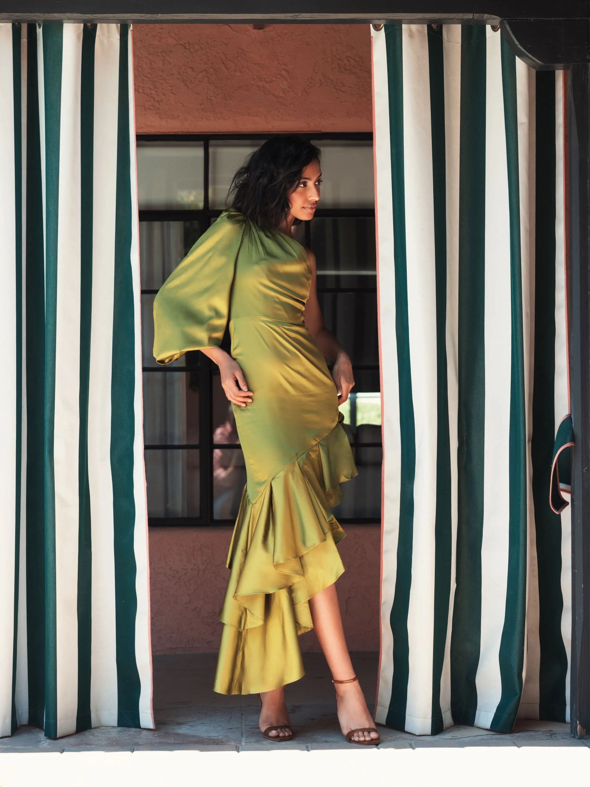 Green Charmeuse One Sleeve Ruffled Asymmetrical Gown - FINAL SALE