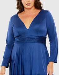 Blue Long Sleeve V Neck A Line Gown - FINAL SALE