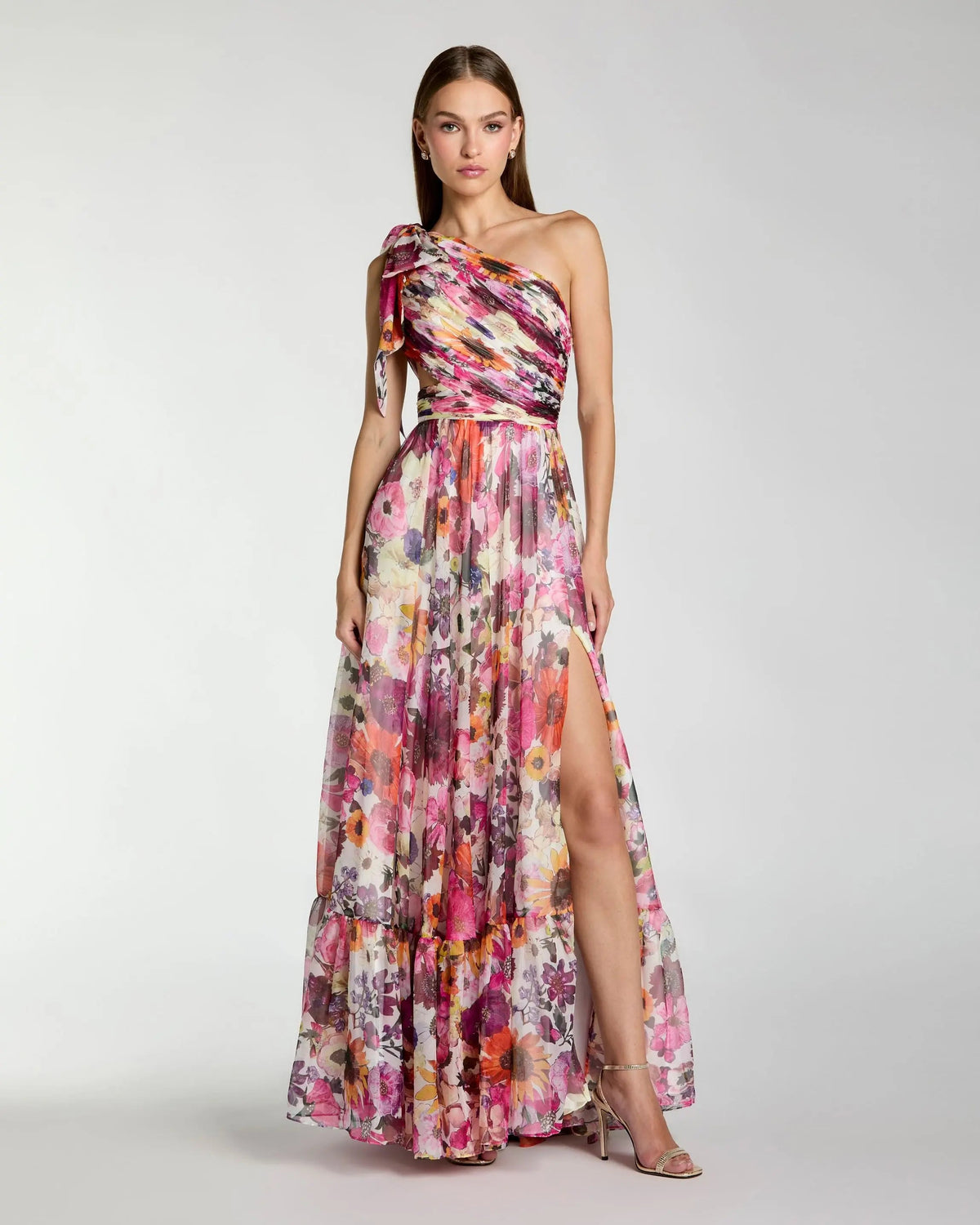Multicolor One Shoulder Floral Printed Chiffon Side Cut Out Gown