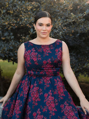 Navy Sleeveless Floral Embroidered Dress (Plus)