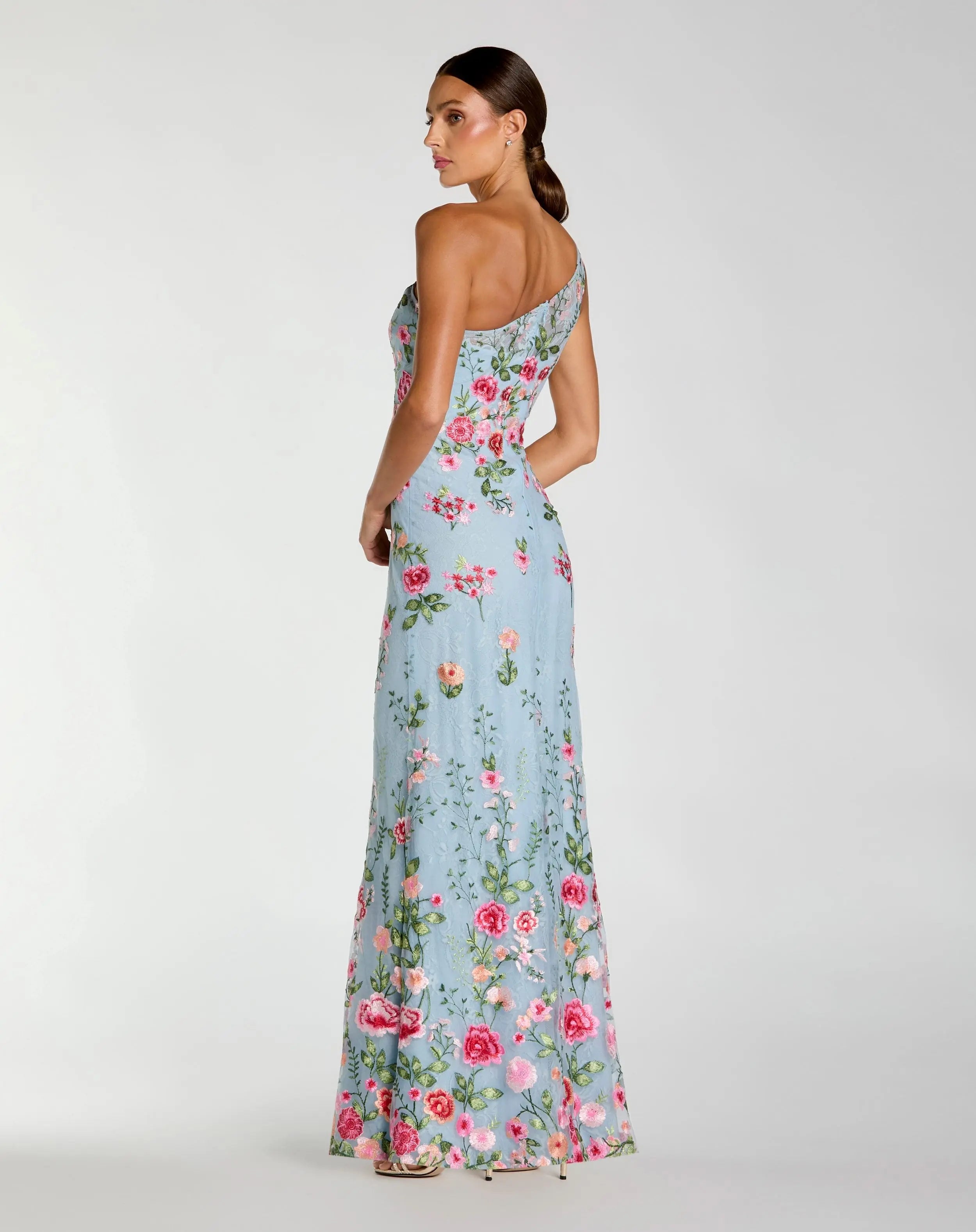 Blue One Shoulder Floral Embroidered Gown
