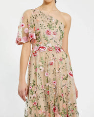 Pink One Shoulder Lace Embroidered Dress