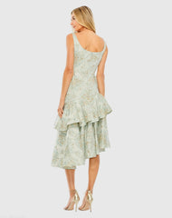 Green Floral Brocade Asymmetrical Hem Dress with Rosette - FINAL SALE