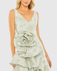 Green Floral Brocade Asymmetrical Hem Dress with Rosette - FINAL SALE