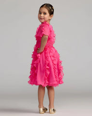 Girls Pink Chiffon High Neck Ruffle Dress