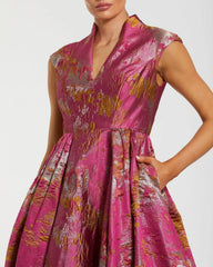 Pink Metallic Jacquard Ball Gown with Mandarin Collar