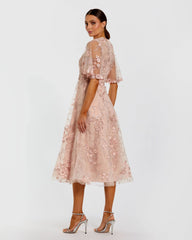 Pink Flutter Sleeve Embroidered Midi Dress