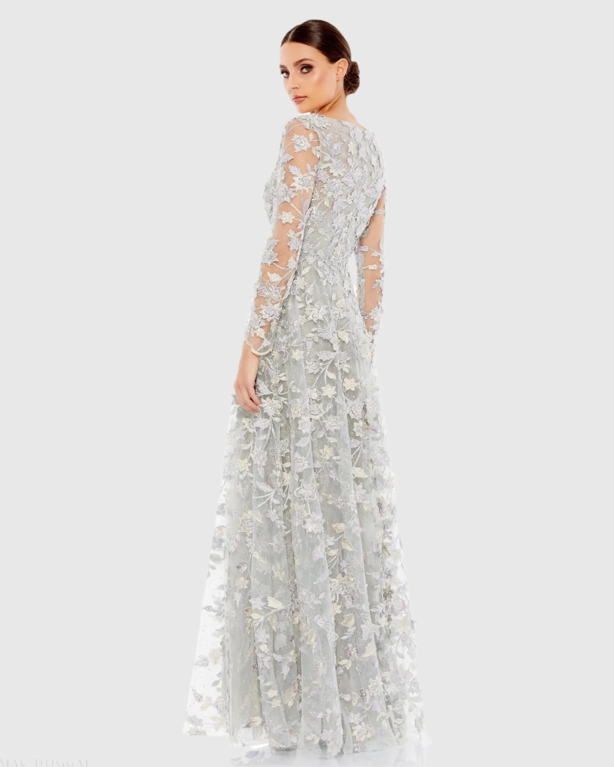 Gray Floral Applique Long Sleeve Illusion Gown